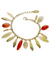 Infuse your look with playful shapes and bold colors. T Tahari's modern take on the traditional charm bracelet features leaf-shaped charms mixed with sand and coral-colored resin beads. Crafted in gold tone mixed metal. Base metal is nickel free for sensitive skin. Approximate length: 7-1/2 inches.