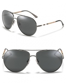 Burberry does the classic aviator in sleek metal with check wrapped sides.