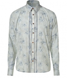 Bring luxe style to your workweek look with this striped button down from Ermanno Scervino - Spread collar, front button placket, all-over stripe pattern with floral accents, curved hem, slim fit - Style with trousers, a blazer, and oxfords