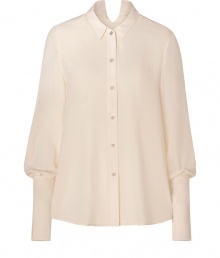 Super stylish off-white sheer bishop sleeve blouse from Theyskens Theory - With a sculptural drape and dramatic sleeves, this blouse will add of-the-moment appeal to your look - Button-up style with small collar and dramatic bishop-style sleeves -Style with leather-paneled leggings and platforms