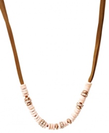 Effortlessly chic. Fossil's neutral-hued necklace combines faux suede with peach shells and sparkling clear crystals. Set in rose gold tone mixed metal. Approximate length: 19 inches + 2-inch extender.