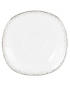 Forecast modern whimsy at meal time with the Silver Mist square saucer from Lenox Lifestyle dinnerware. The dishes in this collection feature shimmering droplets that trickle in from the platinum-banded edge of bright white bone china. Qualifies for Rebate