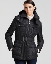 Marc New York updates the perennial quilted jacket with edgy silvertone hardware and a sleek, slimming belt.