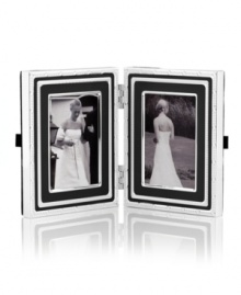 Add new elegance to beautiful memories with Vera Wang's With Love Dusk folding picture frame. Geometric detail lends metallic shimmer to slate-blue enamel in a home accent that invokes modern and deco design.