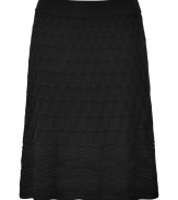 Sumptuous Italian knits and playful patterns lend this black Missoni skirt its boho-chic appeal - Flattering A-line silhouette bells gently at hem - Semi-sheer, double layer style with a slip on, banded waist - Slim cut, hits above the knee - Pair with a tunic top or a button down blouse and heels or ballet flats