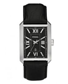 Command attention in the boardroom or the ballroom with this handsome watch by Fossil. Black croc-embossed leather strap and rectangular stainless steel case. Black dial features silvertone Roman numerals at twelve, three, six and nine o'clock, luminous stick indices and hands, date window at six o'clock and logo. Quartz movement. Water resistant to 50 meters. Eleven-year limited warranty.