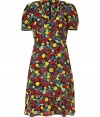 Vibrant florals take a graphic, retro-glam turn with Anna Suis multicolor silk dress - Cheerfully chic in a yellow, red, green and blue print - Slim, feminine cut, with short sleeves and flattering v-neck - A-line skirt gathers gently at hem - Zips at back - Ideal for work, casual events and summer evenings out - Pair with peep toe pumps or sandals and a clutch or small shoulder bag