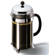 The coffee press has long been recognized as one of the best ways to brew coffee for that rich, aromatic flavor. This classic design makes 2 to 12 cups of coffee in just 4 minutes. Patented safety lid, stainless steel filter system and glass beaker. Stay cool handle and top knob. Holds 51-oz.; measures 9-1/2(tm) H x 7(tm) W (including handle) x 4-3/4 D. Two year limited warranty.