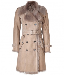 Luxury and warmth come together in this camel-colored shearling coat - Designed in lamb leather with a narrow trench silhouette, double-button closures and belted waistline - Features a large fur collar -  A fashionable lifetime investment for feminine winter looks - Wear with everything from jeans to cocktail dresses