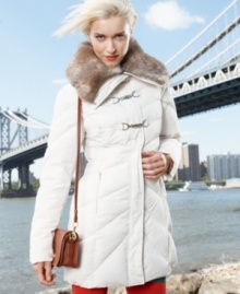 A cross between a duffel coat and puffer, Jessica Simpson's topper offers a fresh way to stay warm! Faux fur adds a cozy touch to this edgy mix.