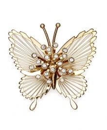 Social butterfly. You'll get plenty of compliments as you mix and mingle in Monet's beautiful butterfly brooch. Crafted in gold tone mixed metal, it's adorned with sparkling crystal accents. Item comes packaged in a gift  box. Approximate diameter: 1-1/2 inches.