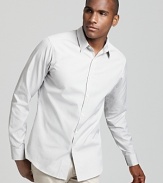 Light gray mini gingham adds a sophisticated accent to a slim fit shirt by Theory.