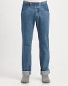 Straight-fit pant with heritage-inspired denim details with curved slash pockets and faux rear patch pockets finished in a casual, light-indigo wash for effortless style.Flat-front styleSide slash, back welt pocketsInseam, about 33CottonHand washMade in Italy