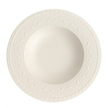 This collection of classic white, patterned dinnerware and serveware is remarkable for its ability to coordinate with a variety of table linen and flatware patterns.