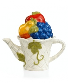 Pour a fresh cup from the fruit-filled Orchard teapot by Pfaltzgraff. With the look and feel of a basket in hardy stoneware, it's a whimsical treat for fellow tea drinkers.