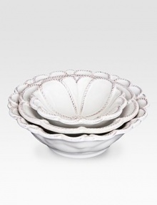 Bring the outdoors inside with a beautifully detailed, hand-finished stoneware nesting bowl set detailed with lattice to celebrate the splendor and romance of the world's most beautiful gardens. From the Jardins du Monde CollectionSet of 34, 5, 6 highCeramic stonewareDishwasher safeImported