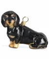 Lucky dog! Just begging for a home, this black dachshund ornament has puppy dog eyes and a beautiful coat in hand-painted glass by Joy to the World.