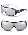 Sporty shield sunglasses with a wrap around silhouette and large logo with Olympic detail along arms.