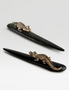 A gleaming goldplated brass croc rests atop a solid African jade letter opener.9 longImported