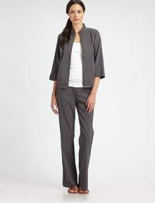 Cropped and boxy, in a sleek structural style rendered in a stretch linen blend.Band collarOpen frontThree-quarter sleeves with vented cuffsAbout 24 from shoulder to hem62% linen/36% viscose/2% spandexDry cleanImported of Italian fabricModel shown is 5'11 (180cm) wearing US size Small. 