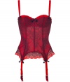 Turn up the heat to red hot with this ultra-flattering garter corset from Chantal Thomass - Figure-enhancing wired corset, underwire padded cups, hide-and-seek floral lace overlay, scalloped lace trim, wide adjustable straps, black bows, vintage styling - Pair with matching panties for seductive lounging or wear under a retro-inspired frock