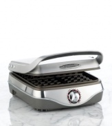 Breakfast makes a comeback with fluffy, golden brown waffles. This sleek Calphalon waffle maker will cook four irresistible Belgian waffles at once, each with plenty of deep pockets to catch sweet syrup and fresh fruit toppings. One-year limited warranty. Model HE400WM.