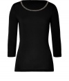 Leave your jewels at home and dress up your neckline with Hugos jet black embellished jersey top - Round neckline with silver-toned bead embellishment, 3/4 sleeves - Form-fitting - Wear with sleek separates and a finish of streamlined accessories