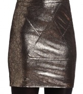 THE LOOKBanded waist Back zip closure Seam details Crackled metallic tone Fully linedTHE FITStraight silhouette About 17 longTHE MATERIALSkirt: Lambskin leather Lining: SilkCARE & ORIGINDry clean Imported