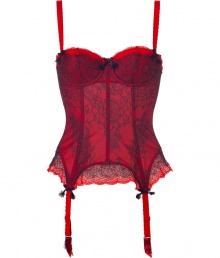 Turn up the heat to red hot with this ultra-flattering garter corset from Chantal Thomass - Figure-enhancing wired corset, underwire padded cups, hide-and-seek floral lace overlay, scalloped lace trim, wide adjustable straps, black bows, vintage styling - Pair with matching panties for seductive lounging or wear under a retro-inspired frock