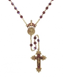 The perfect first communion or confirmation gift -- Vatican's beautiful rosary exudes elegance and grace. Crafted in gold tone mixed metal, rosary features a King of Kings crucifix, cultured pearls (2 mm), and red and purple crystals. Approximate length: 28 inches. Approximate drop: 2 inches.