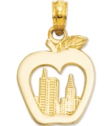 A central silhouette of the New York City skyline is nestled inside an apple, channeling the thought that this Big Apple is yours for the taking. Crafted of 14k gold. Chain not included. Approximate drop: 7/10 inch. Approximate width: 1/2 inch.