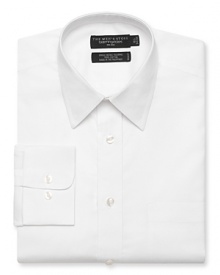 Long sleeve dress shirt with spread collar. Single needle tailoring, angle cut barrel cuffs with two buttons to resize width. Chest pocket. Textured solid white.