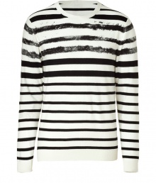 Stylish knit long sleeved cotton shirt - From eco-label Edun created by U2s Bono and his wife - Narrow, with slightly tampered - Round Neck with long sleeves - Distressed black and white stripes - Pair with designer jeans, chinos or pleated trousers