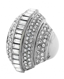 Glitter and glamour. A dazzling array of baguette and pave crystals adorn this chic cocktail ring from Vince Camuto. Crafted in silver tone mixed metal, it's sure to make a stunning statement for your next night on the town. Size 7.