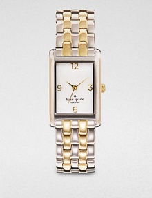 A classic timepiece in a high-contrast, two-tone design. Quartz movementWater resistant to 3 ATMRectangular silvertone case, 32mm (1.25) X 36mm (0.8)Smooth bezelMother-of-pearl dialNumeric hour markersSecond hand Two-tone link braceletImported