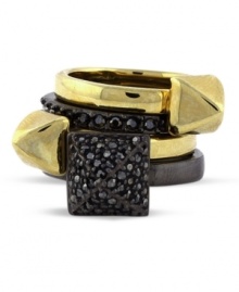 Dynamic duo. Mix and match according to your mood with this stylish stackable rings set from Vince Camuto. Featuring both hematite tone and gold tone mixed metal, they're adorned with edgy studs and sparkling glass accents. Size 7.