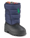 A handsome all-weather boot with a quilted waterproof upper, embroidered horse logo, cozy fleece lining and side Velcro® closure.