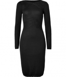 Cut a striking silhouette in this figure-enhancing wool and lace cocktail frock from Valentino - Bateau neckline, long sleeves with puckering, lace trim at neckline and waist, fitted silhouette - Pair with a slim trench, peep-toe heels, and a studded clutch