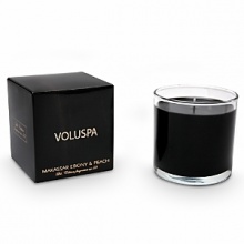 Voluspa Makassar Ebony & Peach Glass Candle & Metallic Gift Box presents an elegant and glamorous fusion of warm ebony wood, rich mahogany, sliced Mirabelle peach and sweet peony.