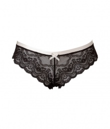 Stylish thong in fine, black synthetic - Particularly comfortable thanks to the stretch content -  Cloud Swing model by designer and supermodel Elle MacPherson - Luxurious lace boudoir look with a floral pattern - Cute bow and a pleasant, moderately wide, contrasting color hipband - Perfect, snug fit - Stylish, sexy, seductive