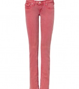 Colorful jeans are de rigueur this season, and True Religions red pants offer a chic twist on a summer staple - Faded, antique rinse has a look of well-worn cool - Low rise, with belt loops, zip fly and button closure - Flattering signature  triangular flap pockets at rear and right hip - Straight, slim leg - Pair with  t-shirts, button downs and silk blouses