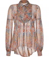 Ethereal yet incredibly chic, this diaphanous printed sheer blouse from Matthew Williamson combines bohemian luxe and effortless ease - Small spread collar, long bishop sleeves with wide cuff, concealed front button placket, pintuck detailing at bust, empire silhouette with draped gathering, asymmetric high-low hem, all-over print, semi-sheer - Softly tailored fit - Wear with leather leggings, classic pumps, and an oversized satchel