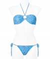 Bring the sexy to your poolside style with this chic bikini from Melissa Odabash - Triangle halter top with circular cut out, slim fit bottoms side tie, all-over print - Pair with a sheer caftan, wedge heels, and a floppy hat