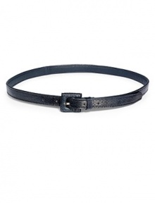 THE LOOKSkinny style of exotic watersnakeSquare buckle closureTHE MEASUREMENTBelt, about ¾ wideTHE MATERIALWatersnakeLeather liningCARE & ORIGINImported