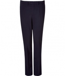 Stylish pants made ​.​.in fine, dark blue heather wool stretch - Cut slim, straight and long - With flattering pleats - Luxurious and casual at the same time - Button closure and zipper - Two diagonal side pockets - High quality and wonderfully comfortable - A favorite pair of pants you will wear for a lifetime - With a shirt to the office, cashmere pullover for leisure