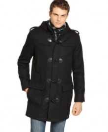 Salute the chilly weather in warm style with this handsome military-style pea coat from Guess.