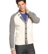 Accent your preppy style with the collegiate cool of this shawl-collar cardigan from INC International Concepts.