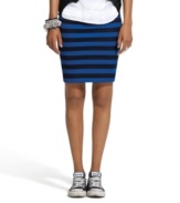 Stripe it rich: Bar III mixes a body-hugging pencil skirt with sporty rugby stripes for a unique look!