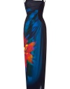 Luxurious evening dress in fine dark blue synthetic fiber blend with tropical floral print - outstanding noble and flattering quality - slim floor length cut with elegant drape which sexily accentuates the silhouette - slim straps - glamorous and sexy, elegant and modern, simply a beautiful evening gown in a great classic color - pair with noble sandals