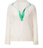 Conjure springtime chic with this relaxed silk blouse from Raoul - Spread collar, V-neck, relaxed silhouette, long sleeves - Style with skinny jeans, a boyfriend blazer, and high heel booties